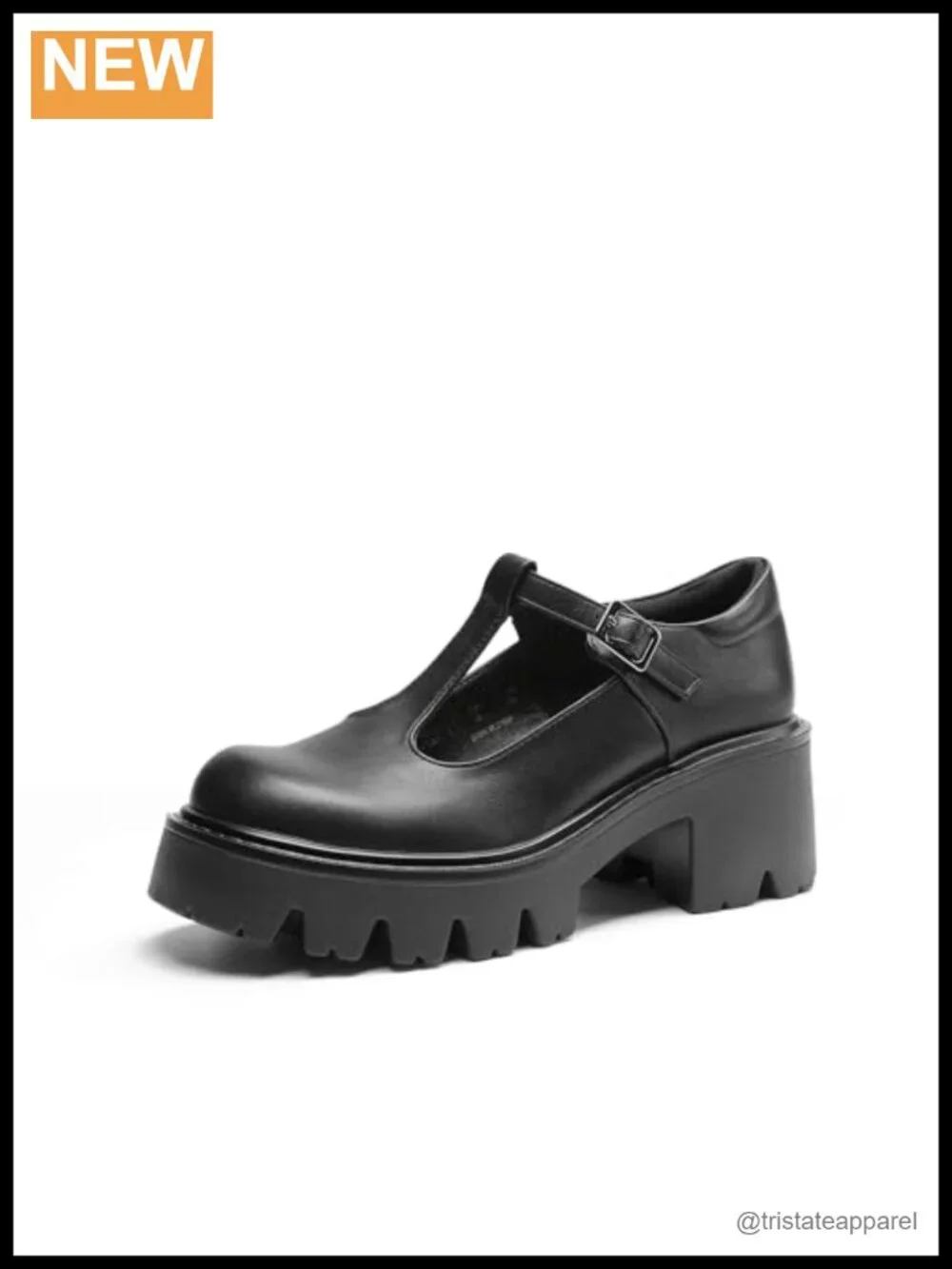 Women's T-Strap Mary Jane Pumps, Faux Leather Platform Chunky Heels with Lug
